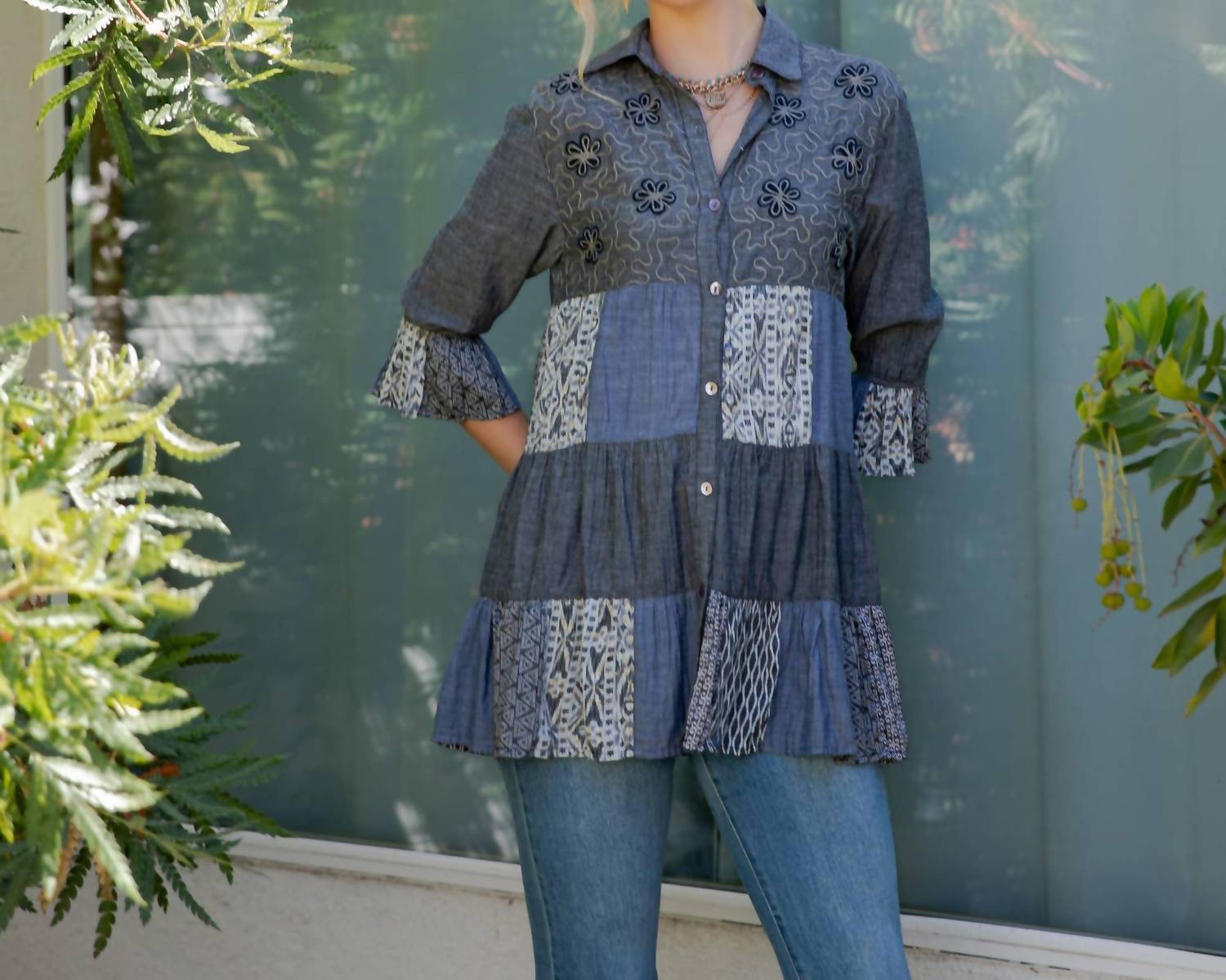 Young Threads - 3/4 Ruffle Sleeves Western Blouse Top