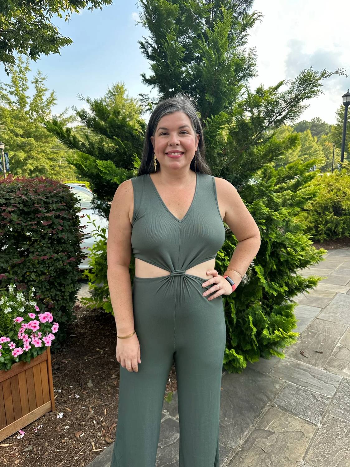 Entro - Solid Ribbed V-Neck Sleeveless Jumpsuit