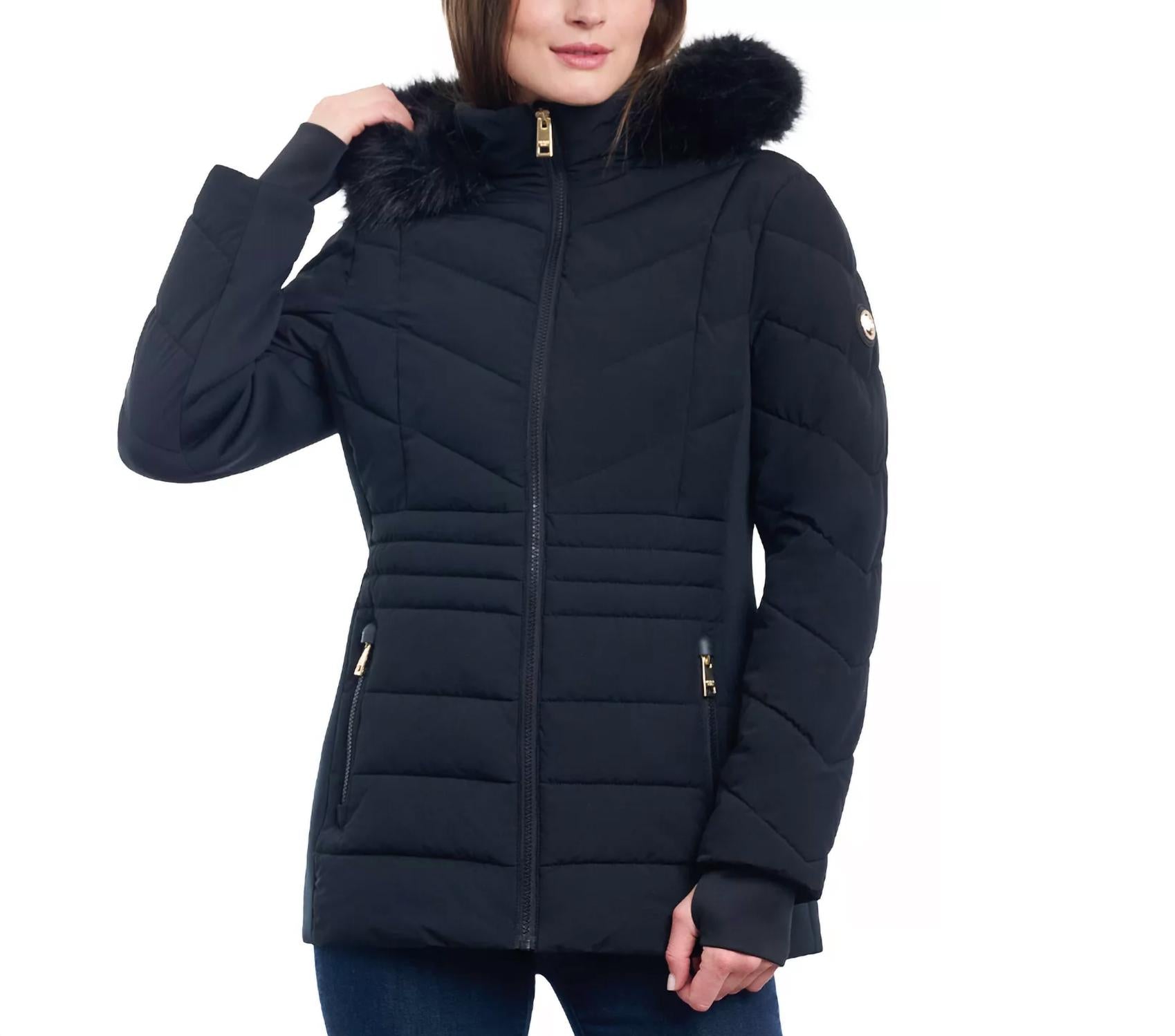 Michael Kors - Women's Chevron Faux Fur Hooded Coat
