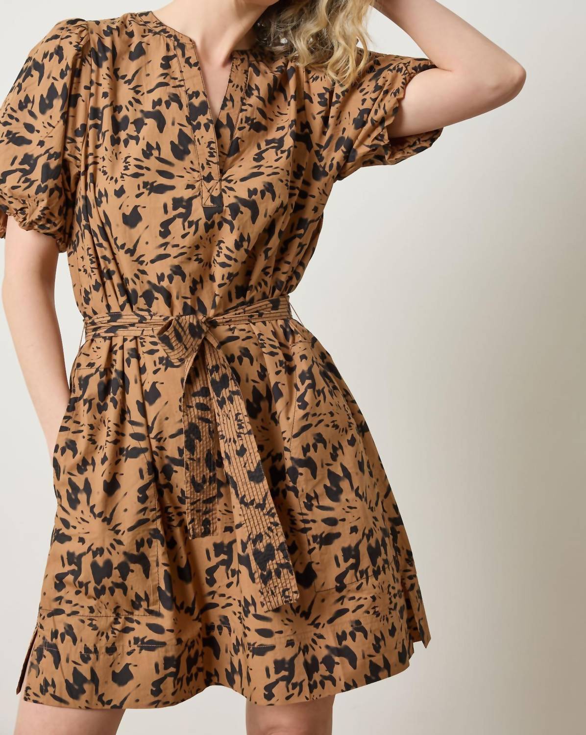 Lilla P - Shirred Sleeve Split Neck Dress