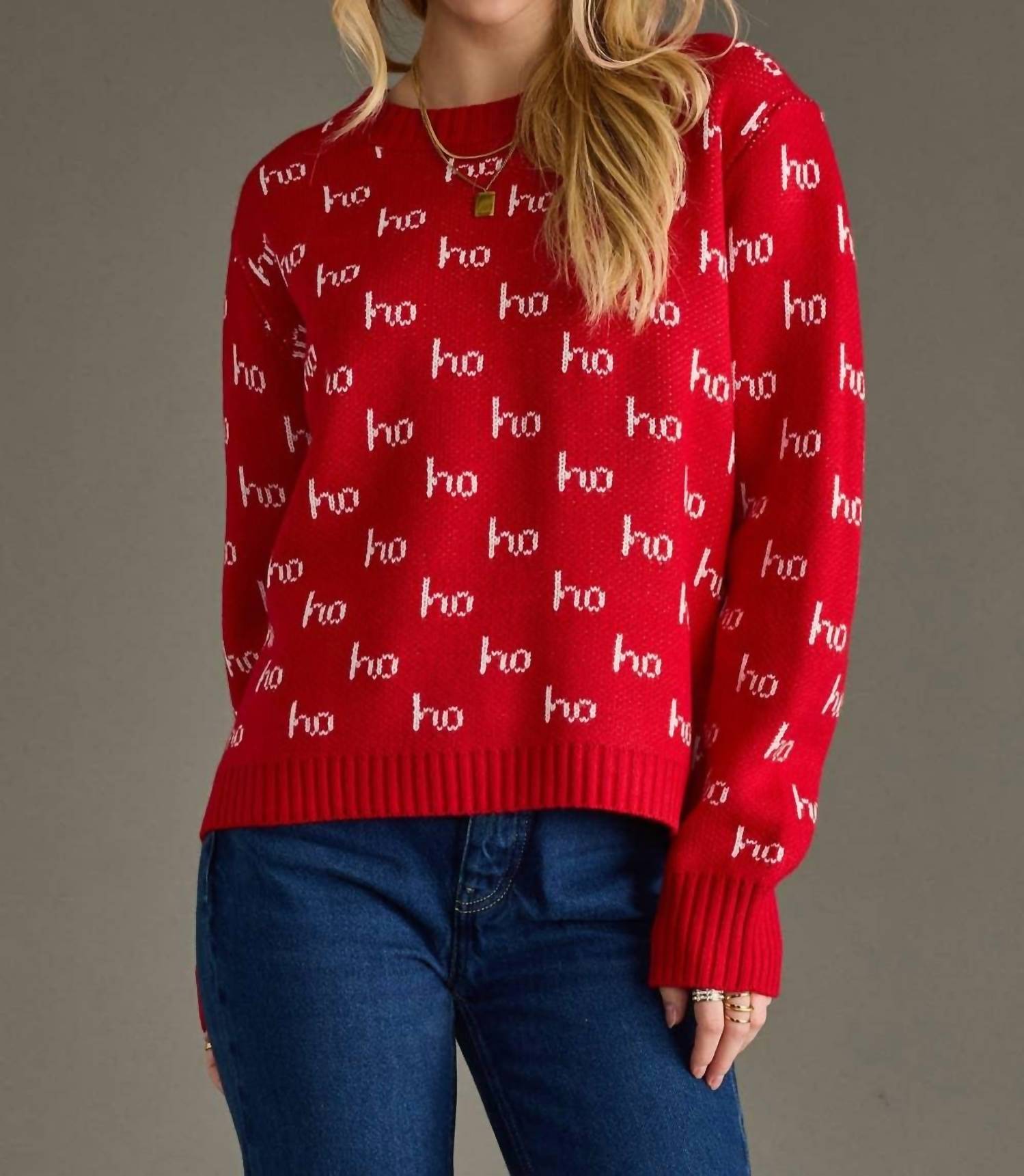 Panache Apparel Ho Ho Ho Christmas Sweater in red - women's sweater - alternate view