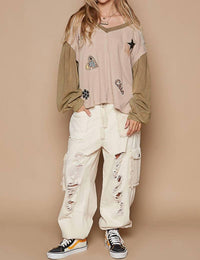 POL Glam Patches Contrast Long Sleeves Knit Top in beige multi - women's long sleeve top - view 4