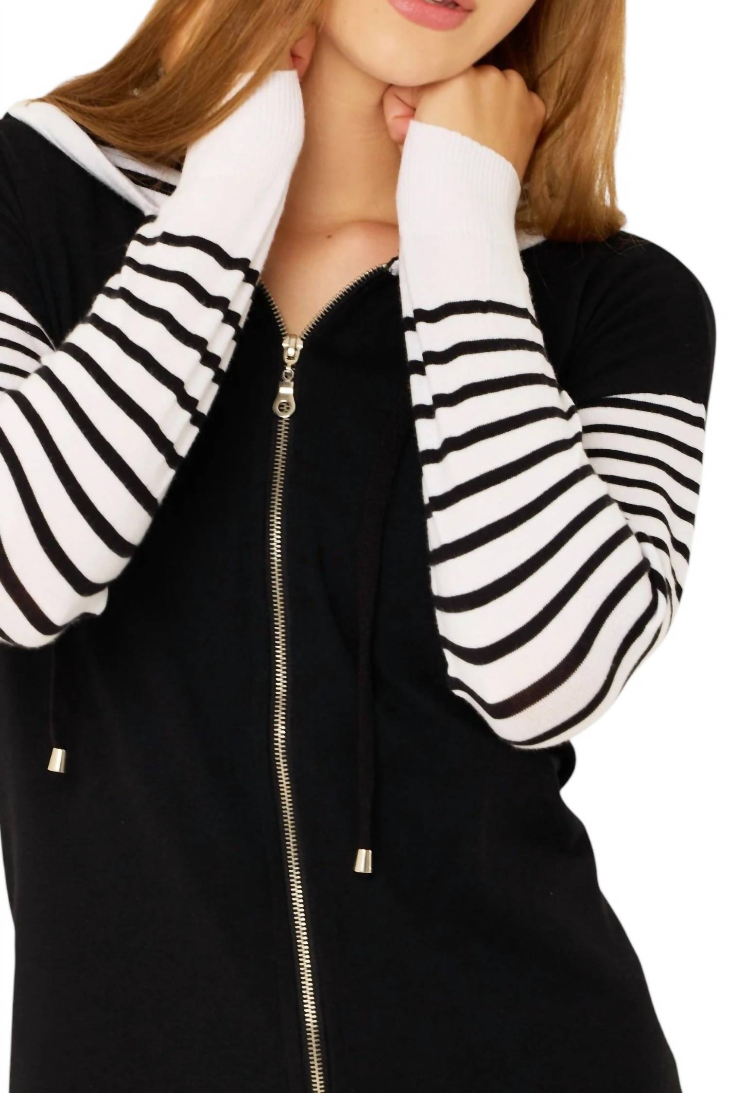 French Kyss - Stripe Sleeve Zip Up Hoodie
