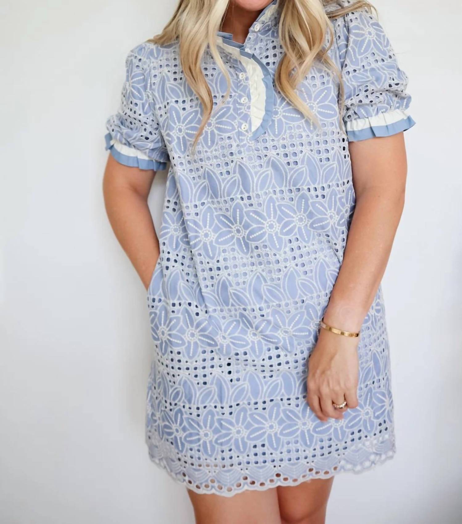 Jodifl - Women's Corinne Serene Eyelet Lace Ruffle Shift Dress