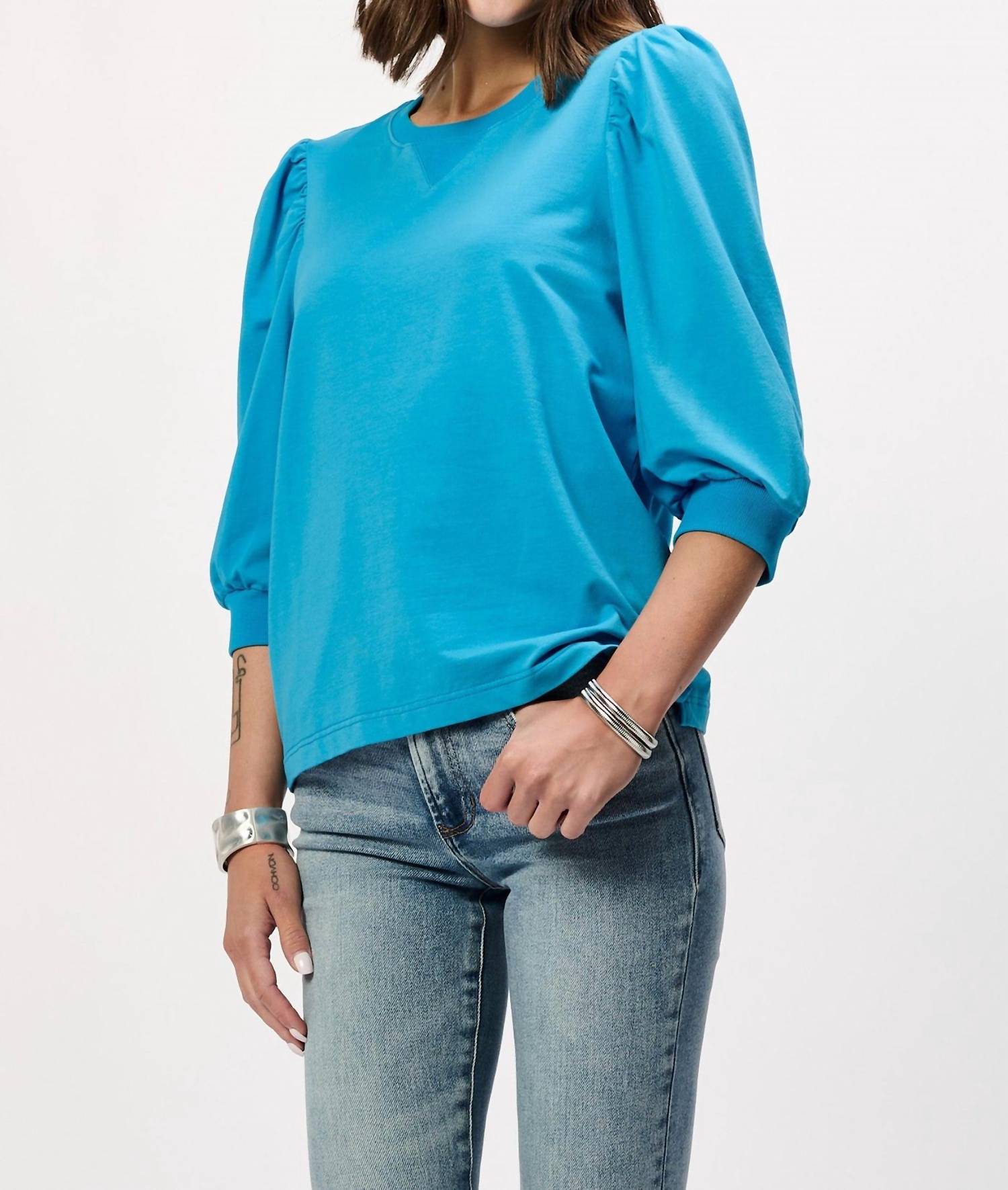 Another Love Tamryn Short Puff Sleeve Top in malibu blue - women's blouse