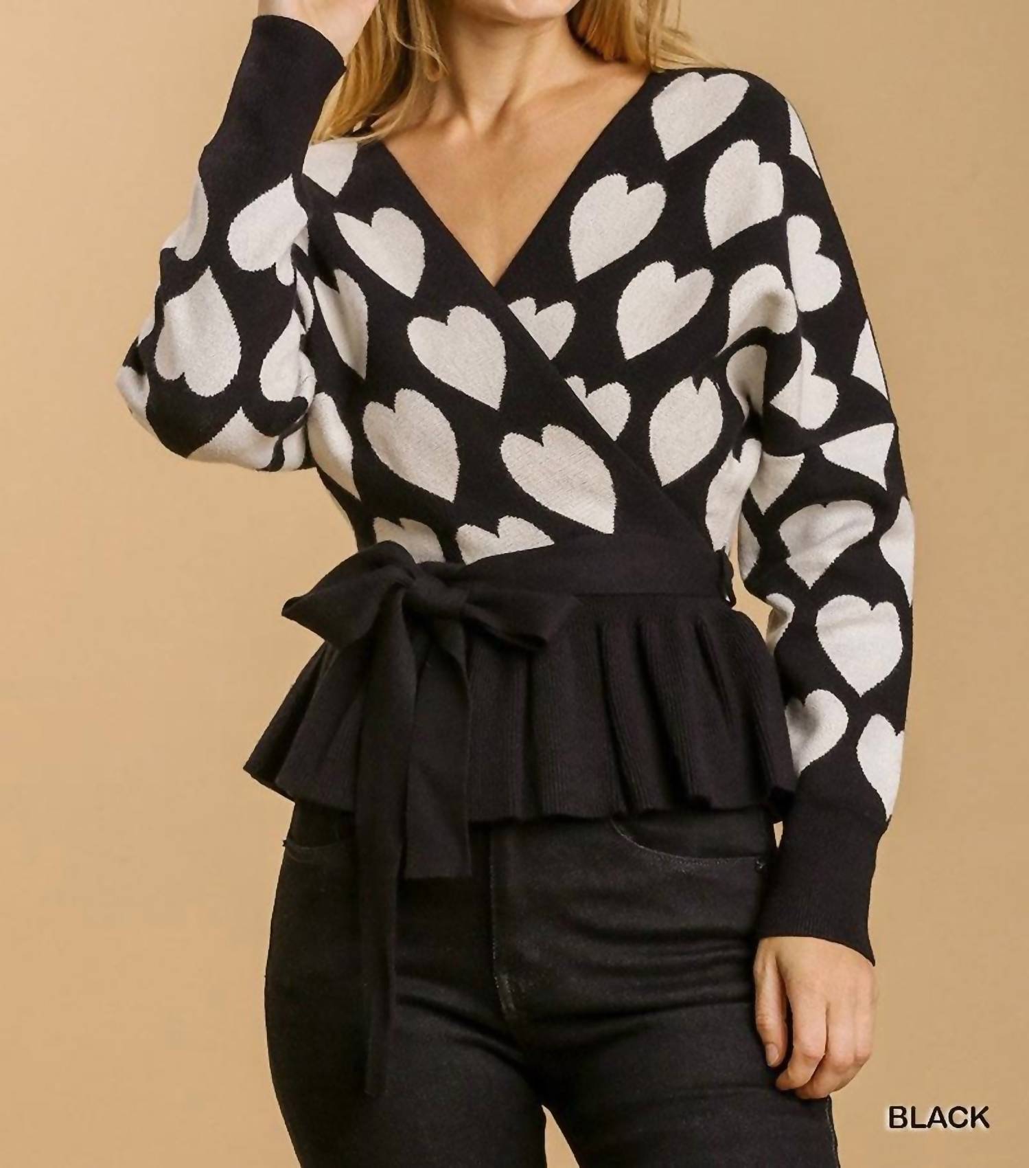 Umgee - Heart Print Baby Doll Long Sleeve Sweater