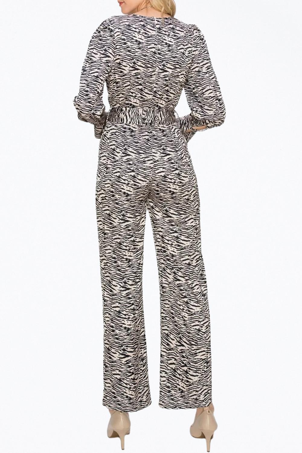 TONI ZEBRA-PRINT BELTED WRAP-EFFECT SATEEN JUMPSUIT