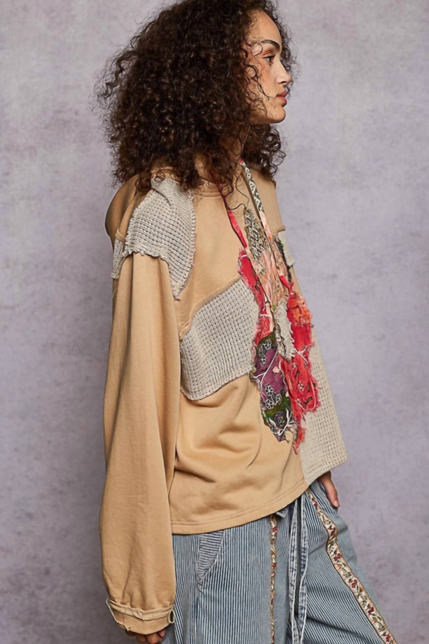 Pol - Long Sleeve French Terry Printed Flower Patch Knit Top