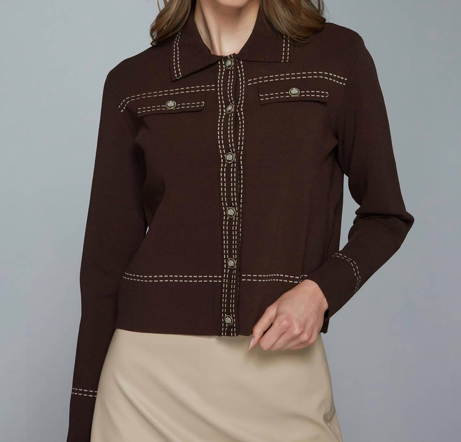 Autumn Cashmere Saddle Stitch Collared Jacket in espresso combo - women's jacket
