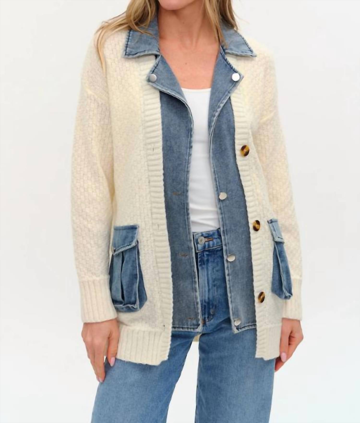 SIX/FIFTY Rachel Mixed Media Cardigan in denim mix - women's cardigan