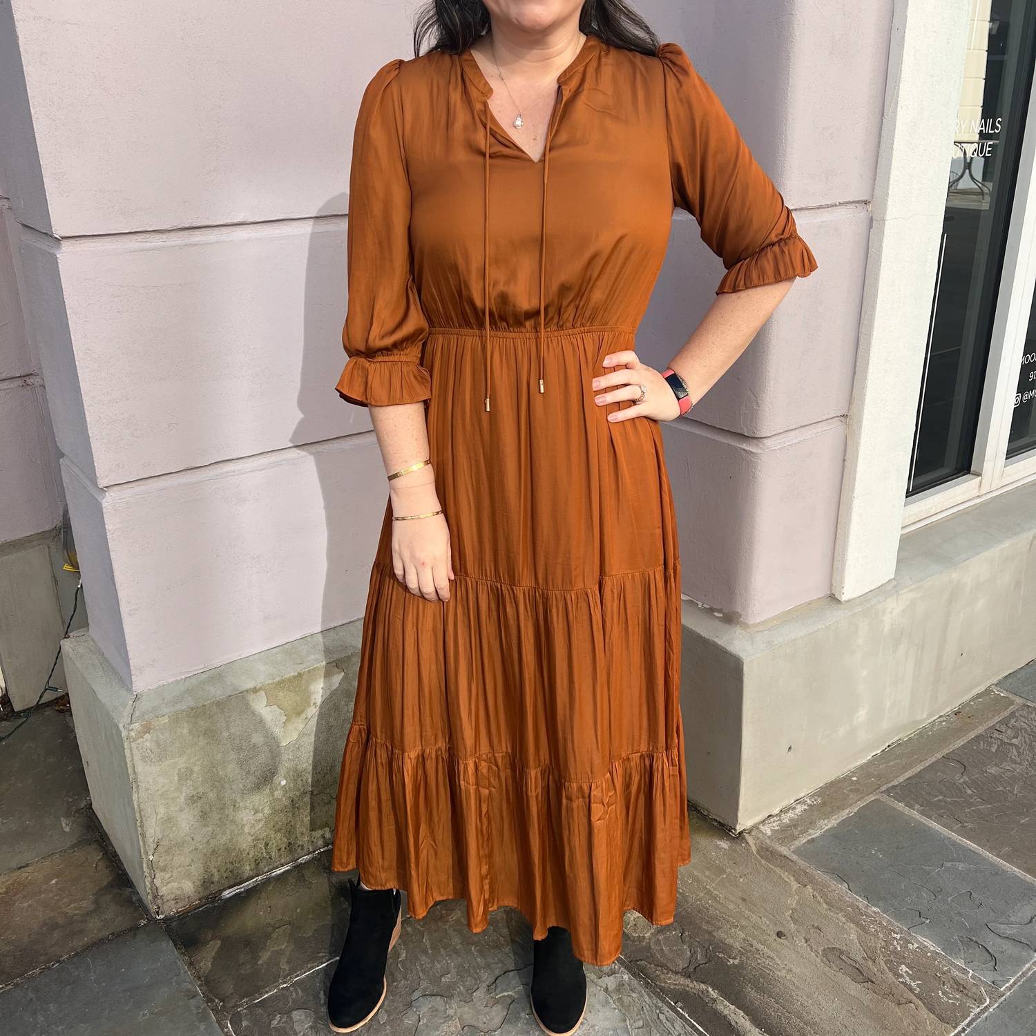 Skies Are Blue - Long Sleeve Split Neck Ruffle Tiered Maxi Dress