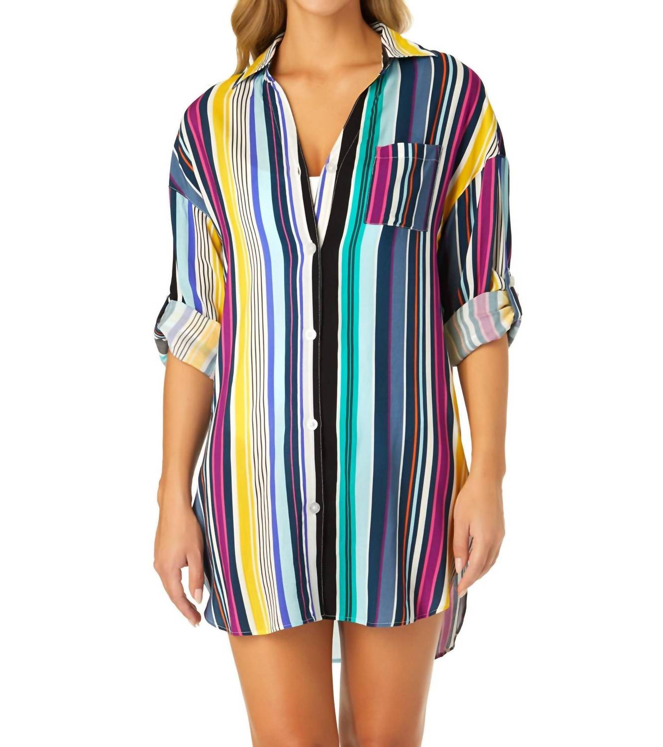 Anne Cole Women's Barcode Stripe Button Down Shirt Swimsuit Cover Up in multi - women's swimwear