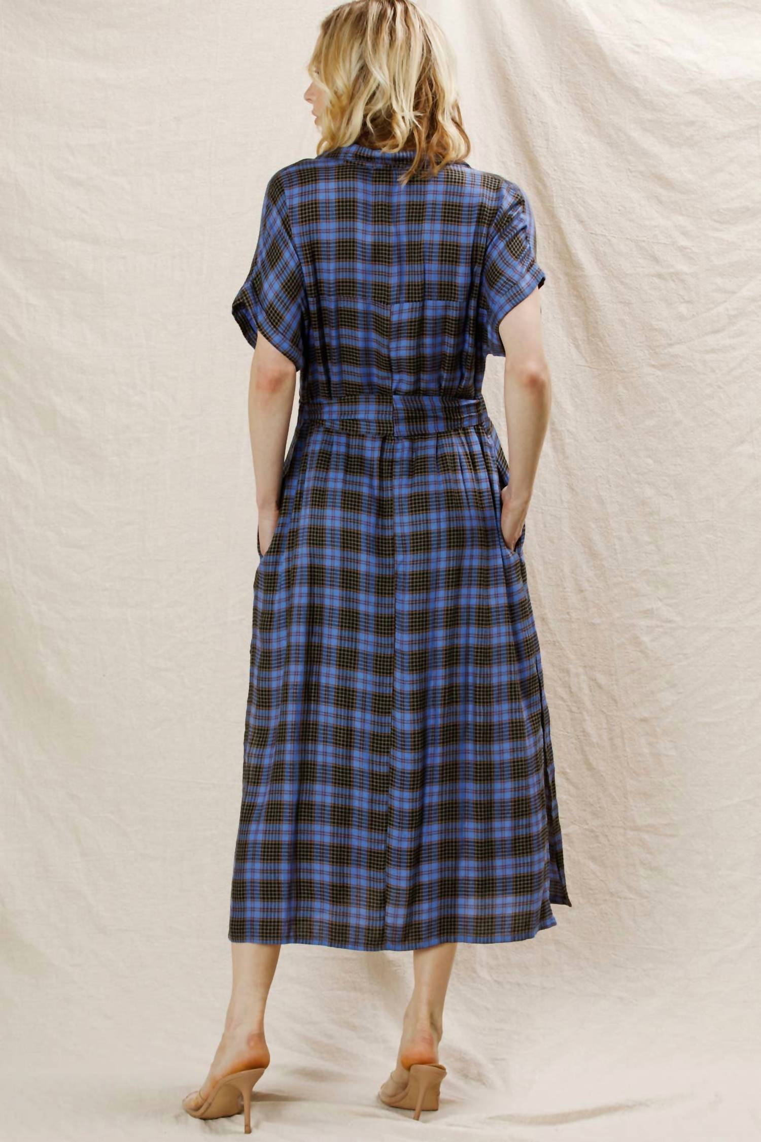 En Creme - Plaid Button Down Belted Shirt Dress