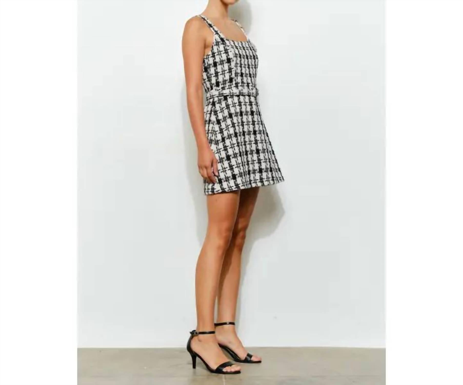 Ina Fashion - Check Tweed Brooch Detail Belted Mini Dress