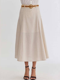 Entro - Linen Look High Waist Belted Flare Midi Skirt