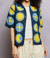 POL Crochet Knit Stars And Moons Shirt in navy multi - women's shirt - detail view