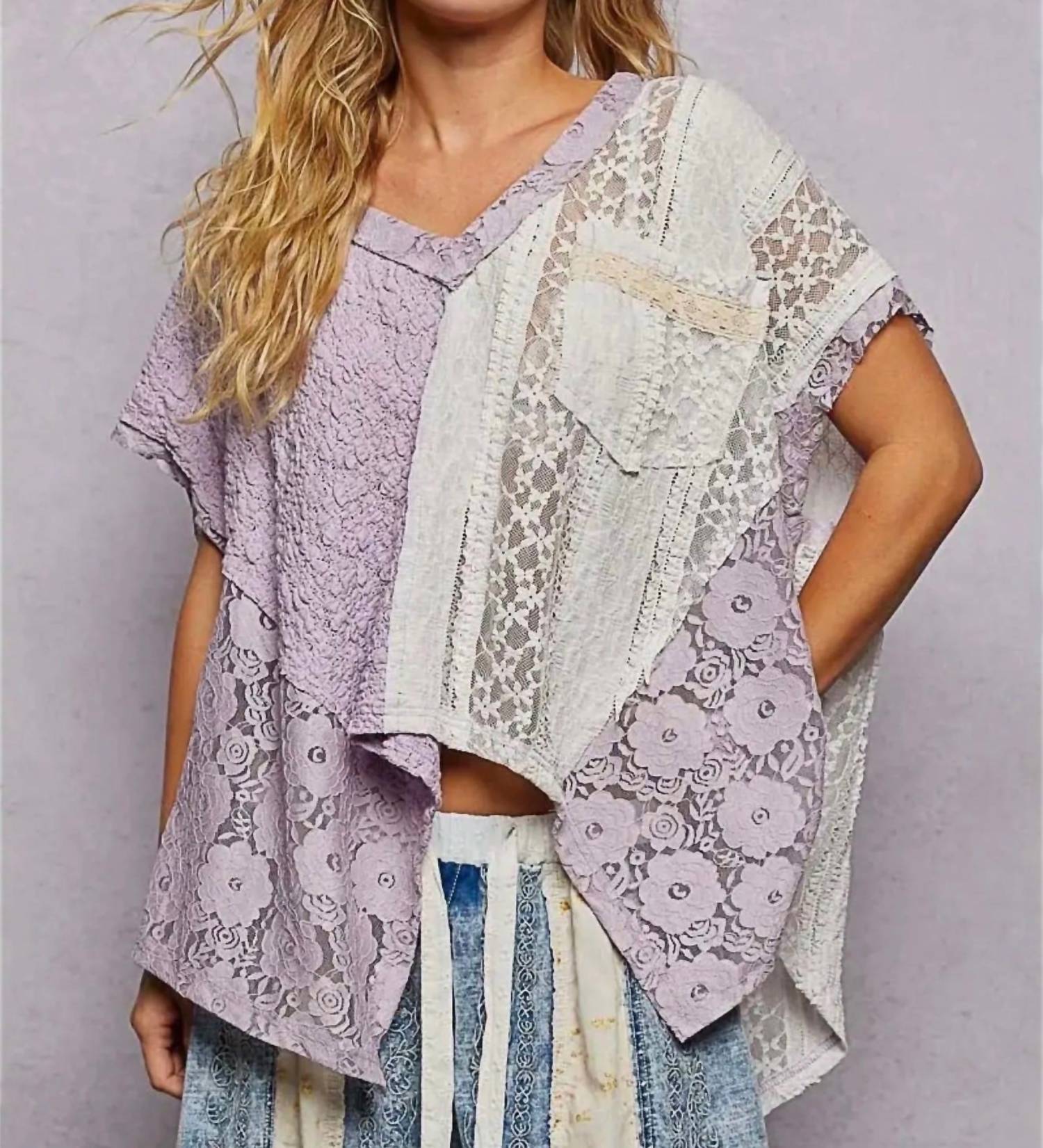 Pol - Asymmetrical V-neck Short Sleeve Lace Top
