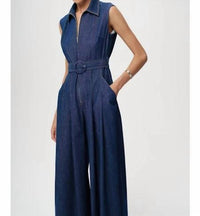 Exquise - Keith Sleeveless Front Zipper Belted Denim Jumpsuit