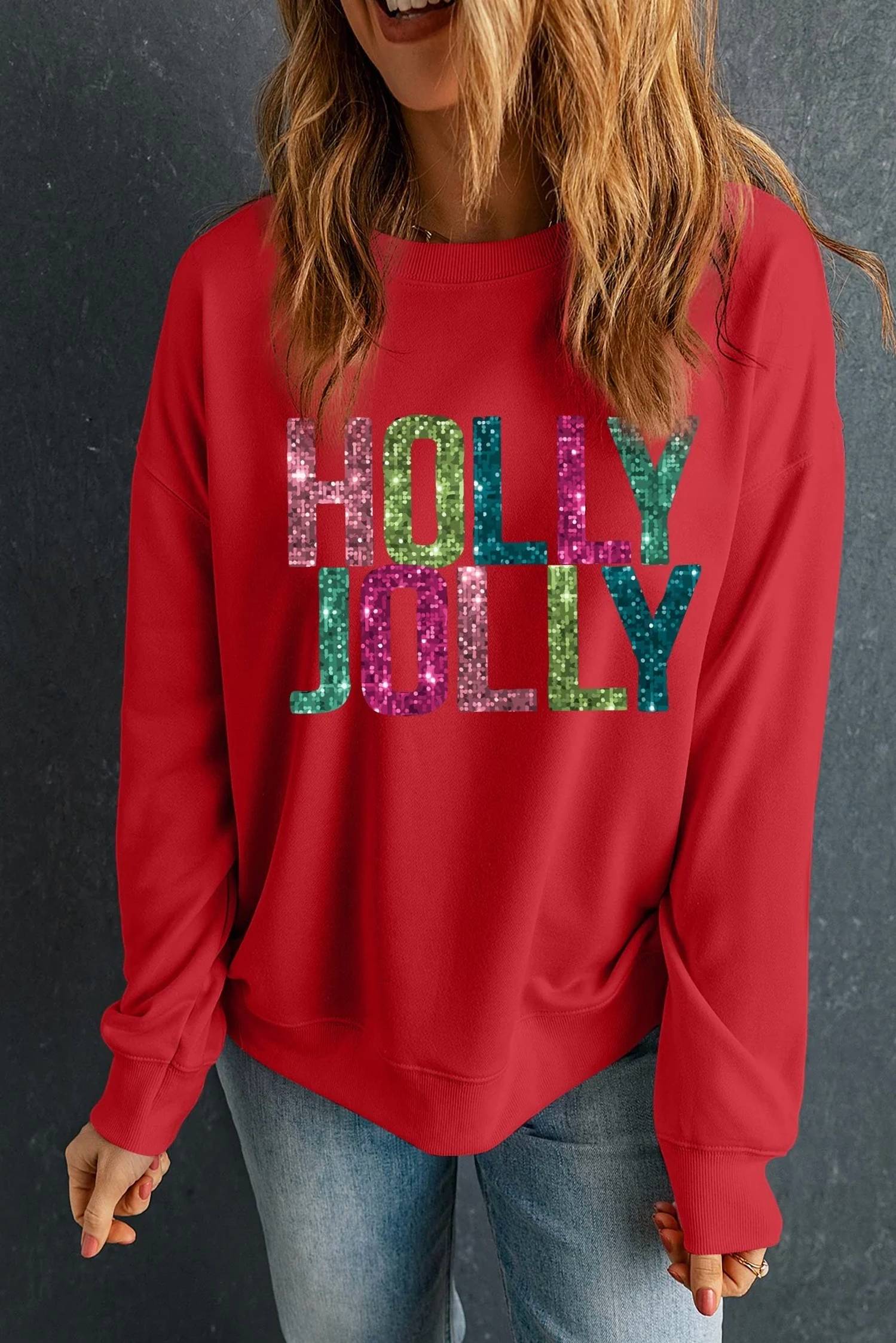 Kentce Fashion - Holly Jolly Glittering Printed Christmas Pullover Sweatshirt