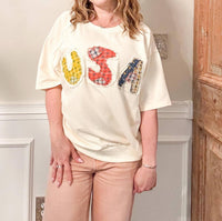 Listicle USA Patch Short Sleeve Sweatshirt in ivory - women's top - alternate view