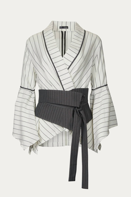 RONNIE PINSTRIPE WRAP BLOUSE