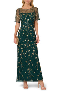 Adrianna Papell - Bead Sheer Mesh Floral Sheath Maxi Dress