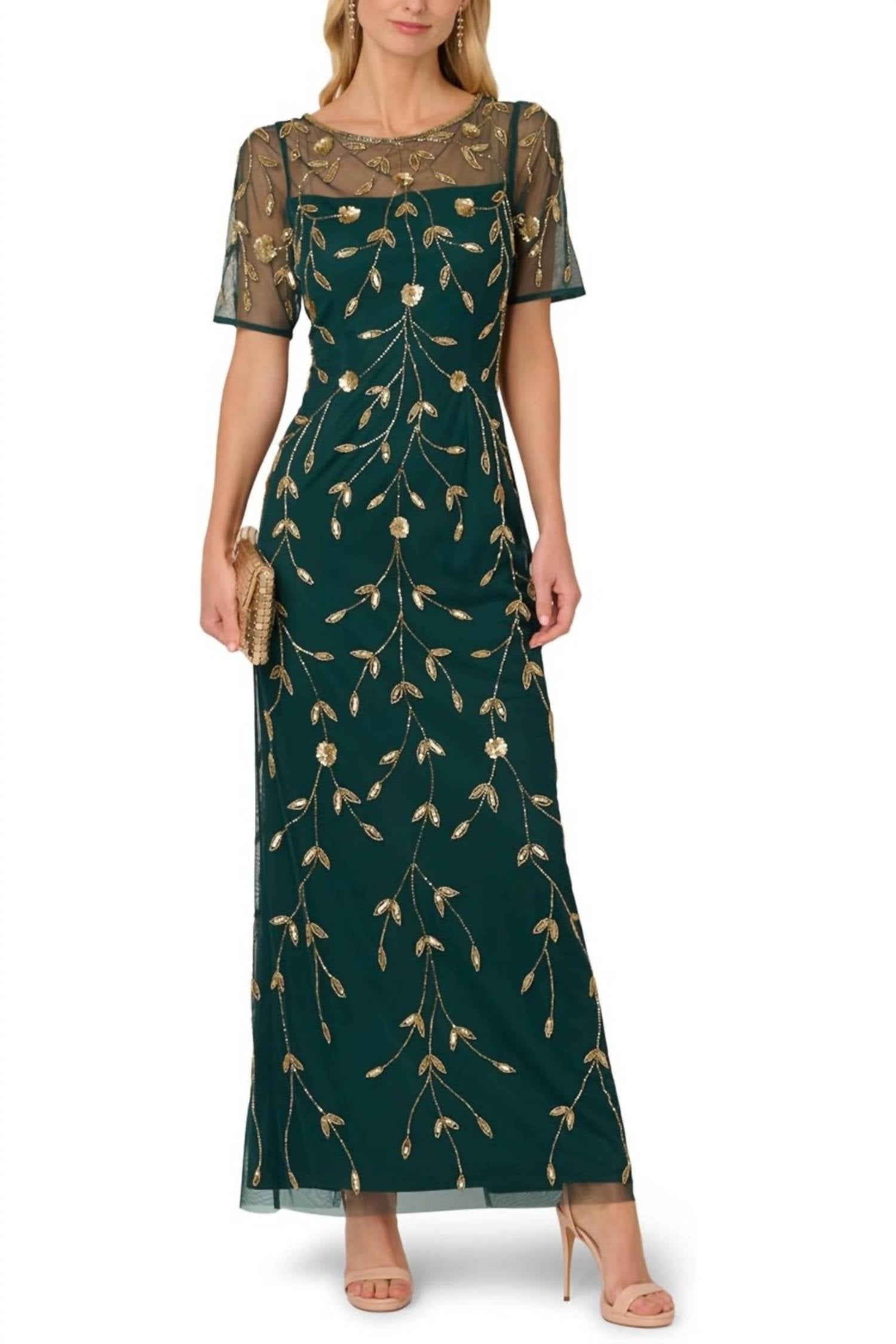 Adrianna Papell - Bead Sheer Mesh Floral Sheath Maxi Dress