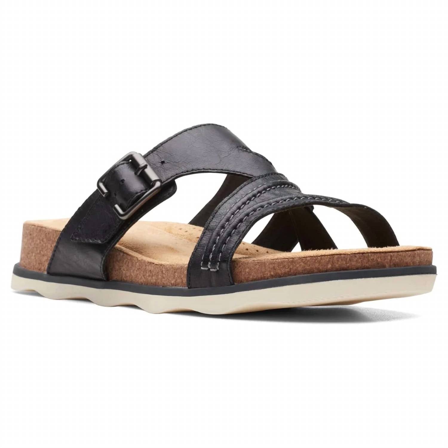Clarks Women's Brynn Hope Flat Sandal in black leather - women's sandal - detail view