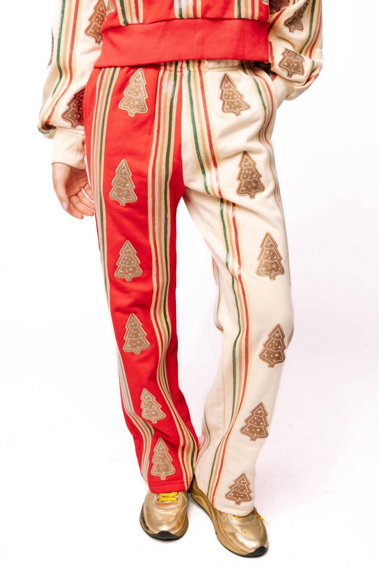 QUEEN OF SPARKLES Striped Christmas Cookie Sweatpants in red and ivory - women's pants