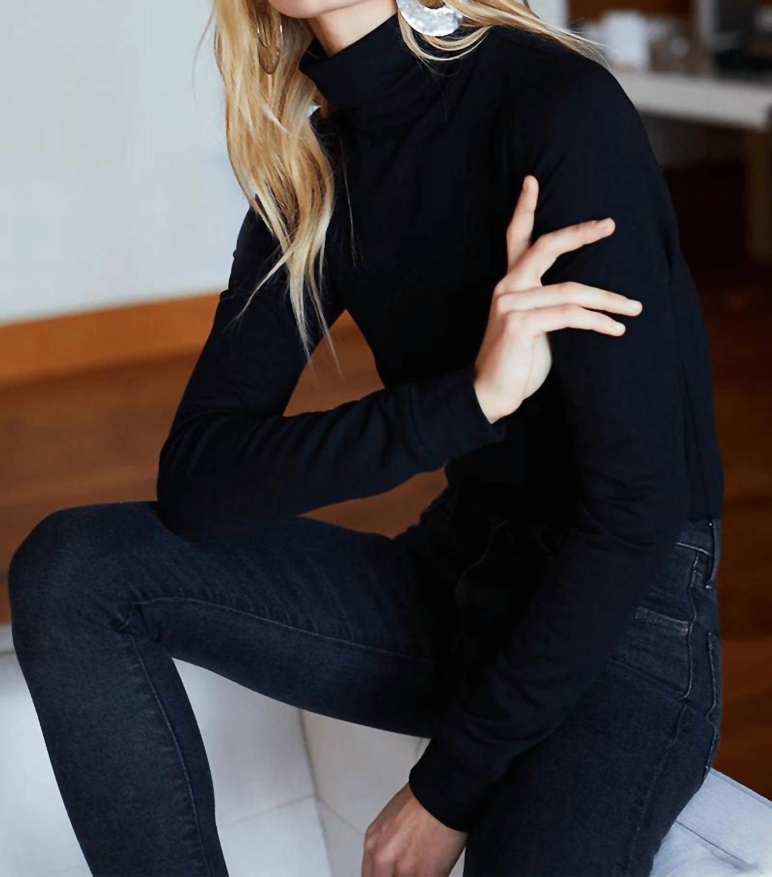 EMERSON FRY Long Sleeve Little Turtleneck Top in black organic - women's long sleeve top - detail view
