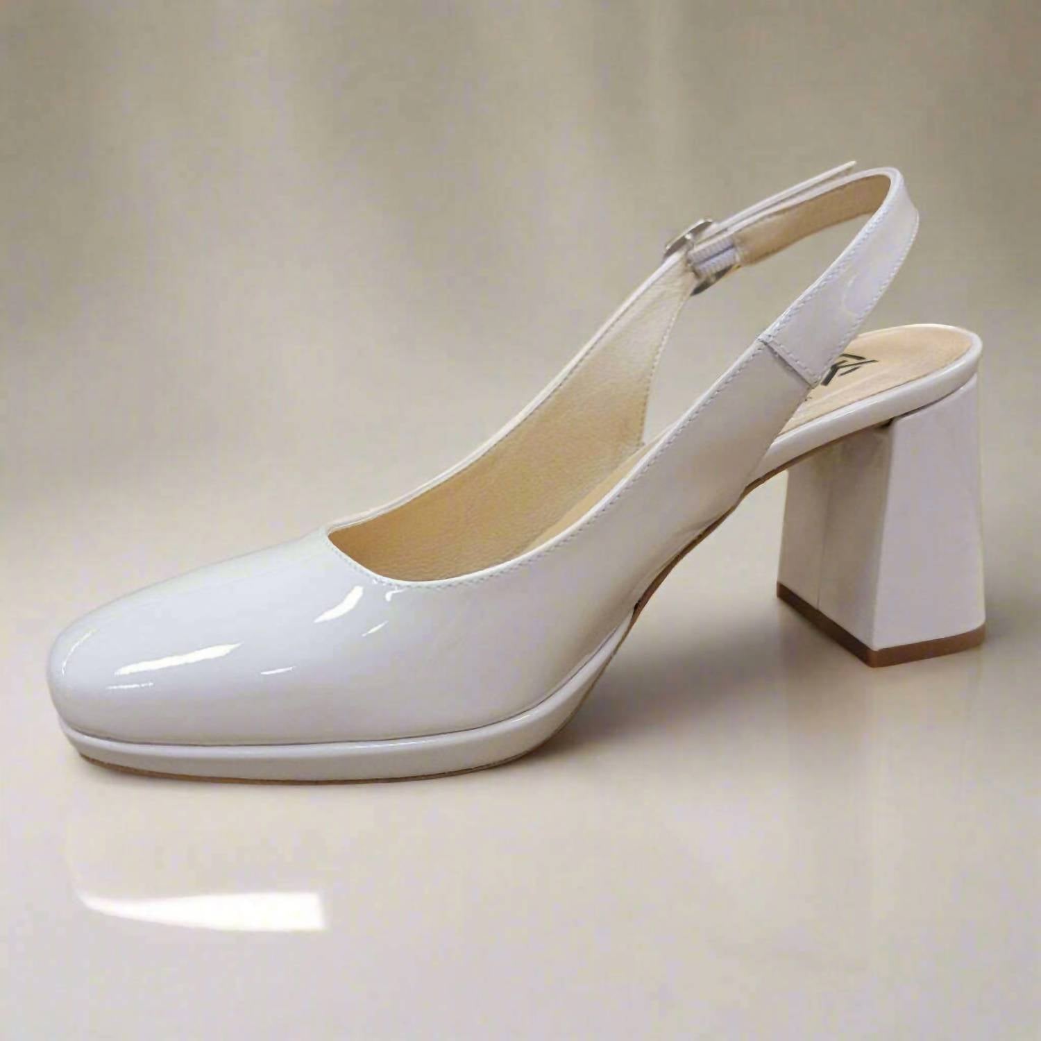Fluchos Women's Karla Sling Back Pump in nude patent - women's heels - detail view