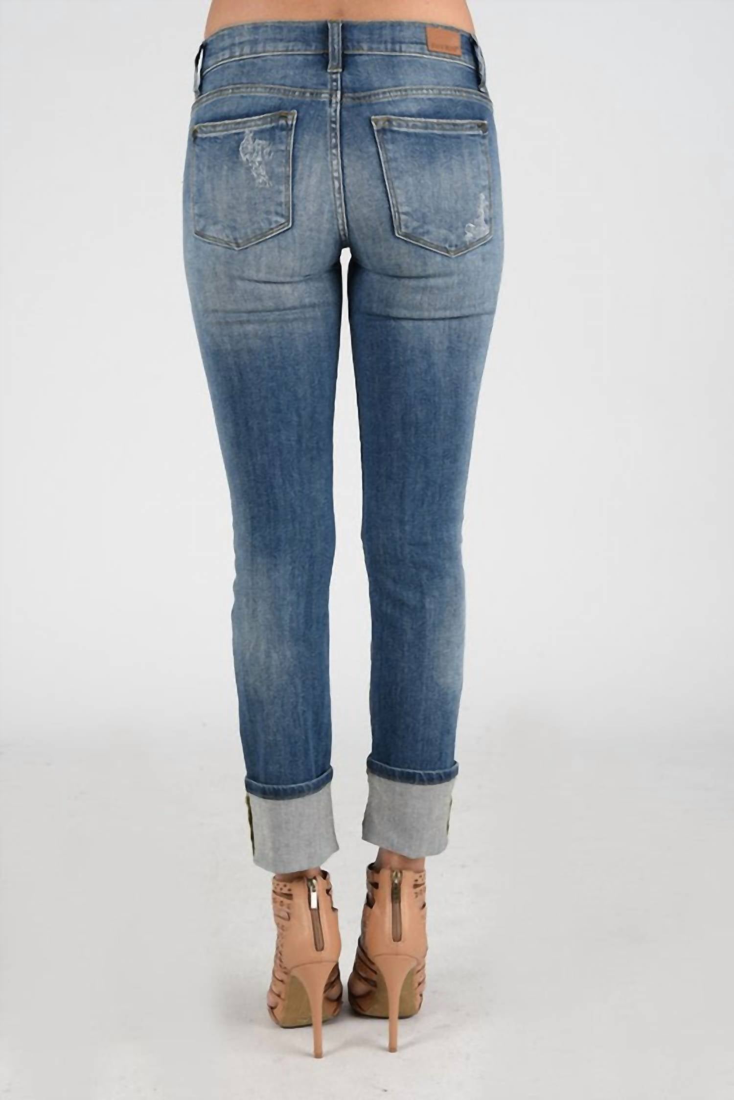 Judy Blue Distressed Cuffed Straight Leg Jeans in blue - women's jeans - detail view