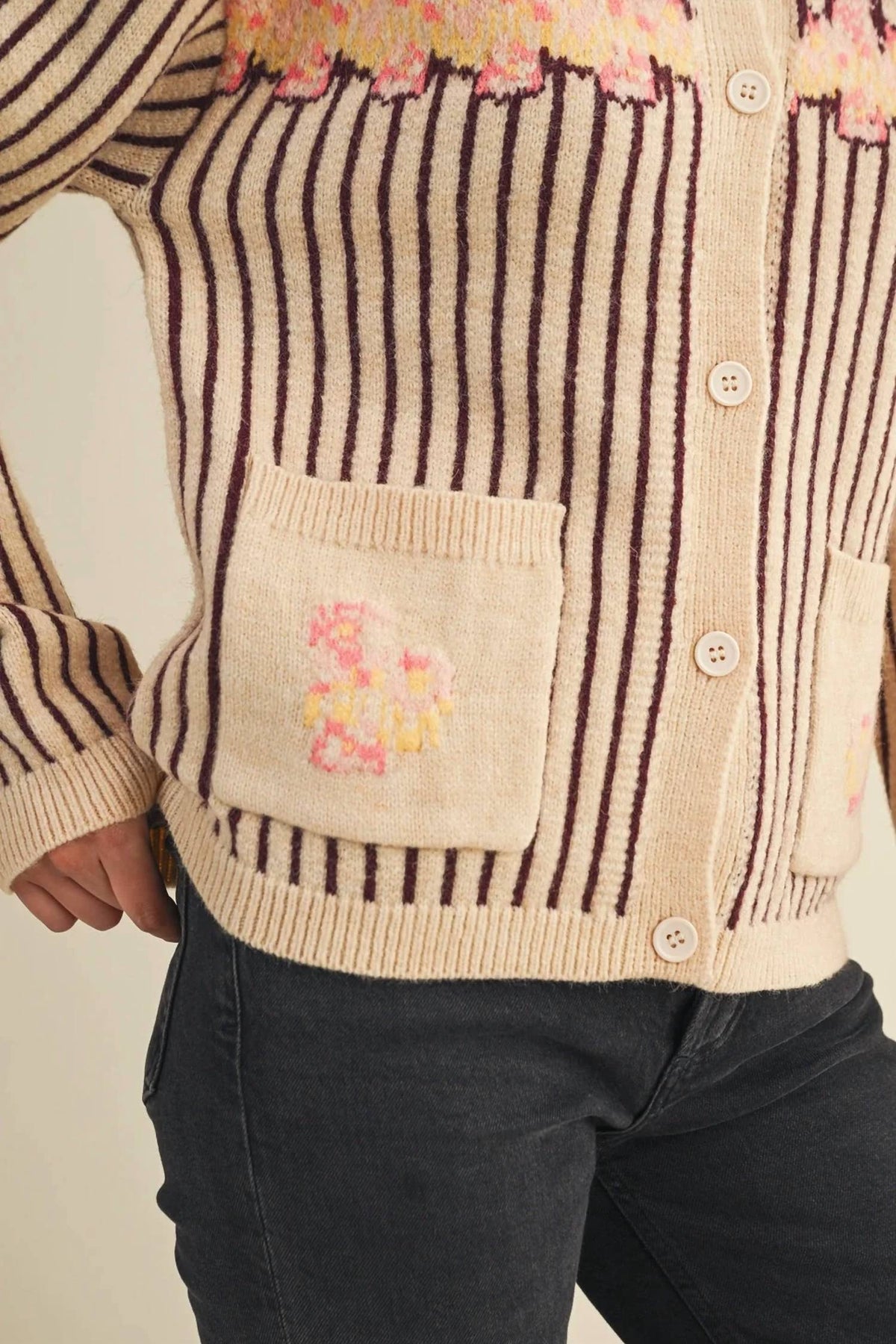 &Merci - Striped Floral Sweater Cardigan