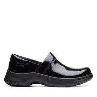 Clarks Women's Pro Gem Clog in black patent - women's shoe - detail view