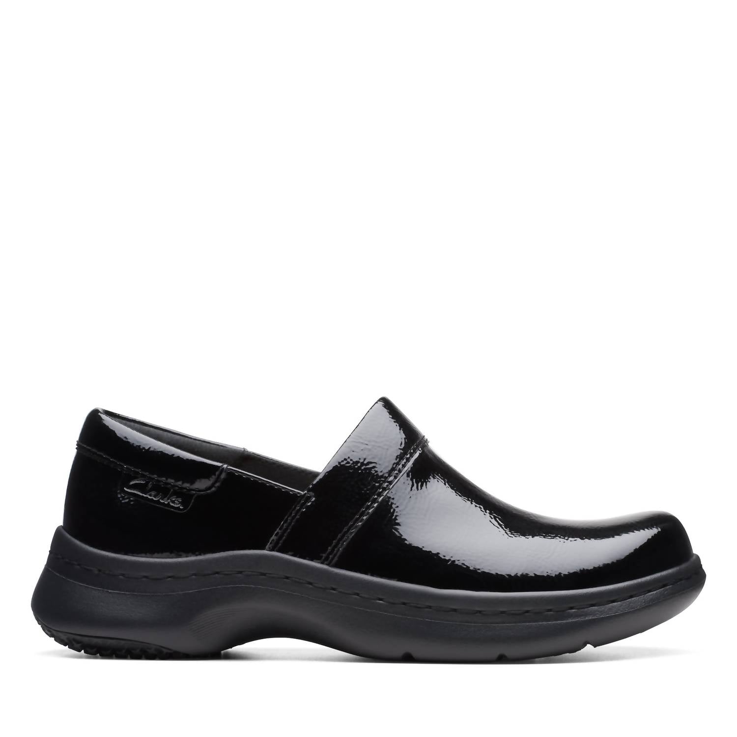 Clarks Women's Pro Gem Clog in black patent - women's shoe - detail view