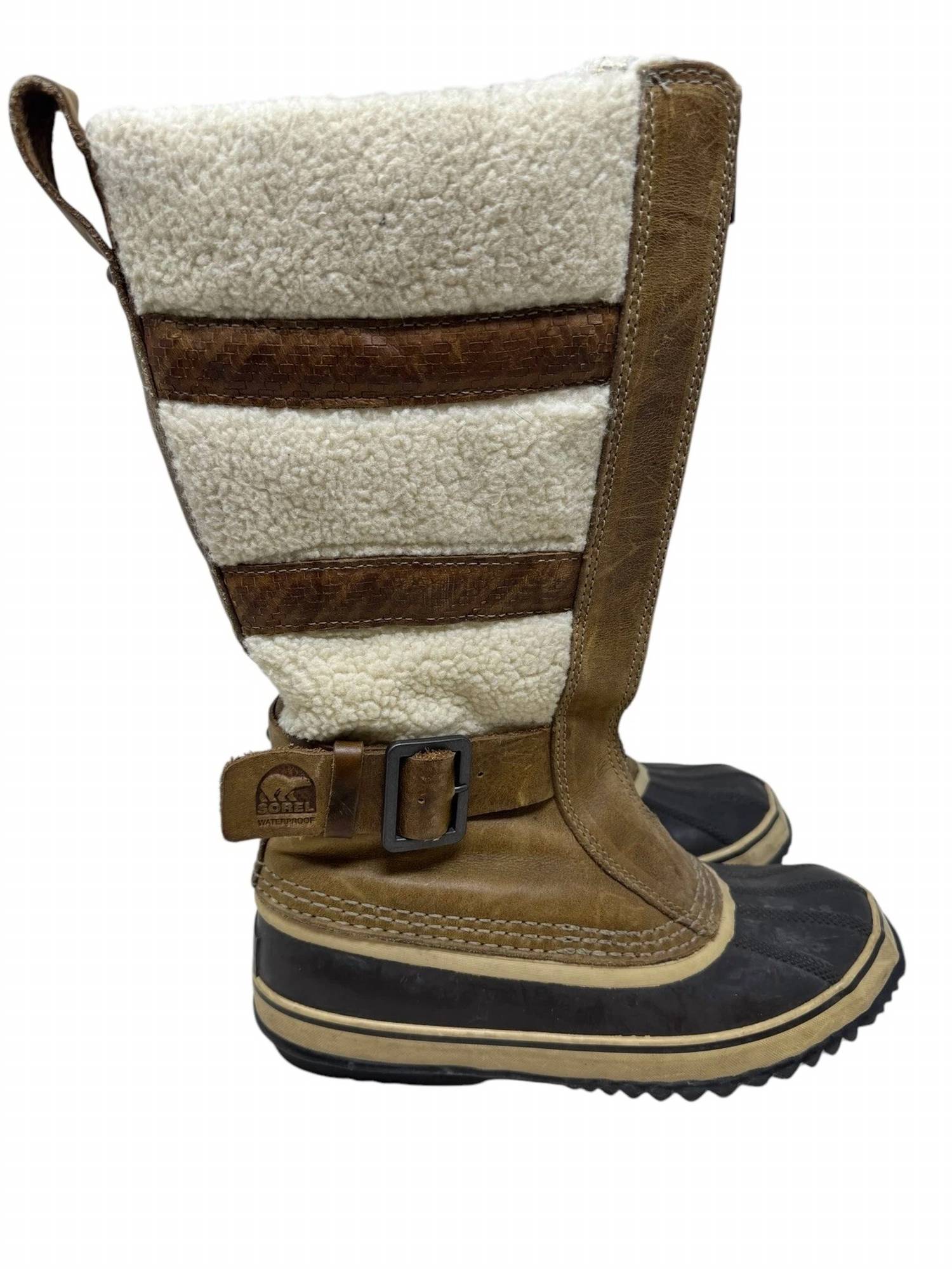 SOREL Women's Helen Of Tundra Leather Sherpa Tall Boots in flax sesame - women's shoe - detail view