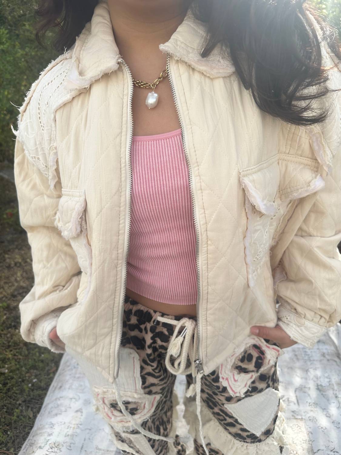 Pol - Relaxed Fit Denim Jacket With Quilting And Lace Accents
