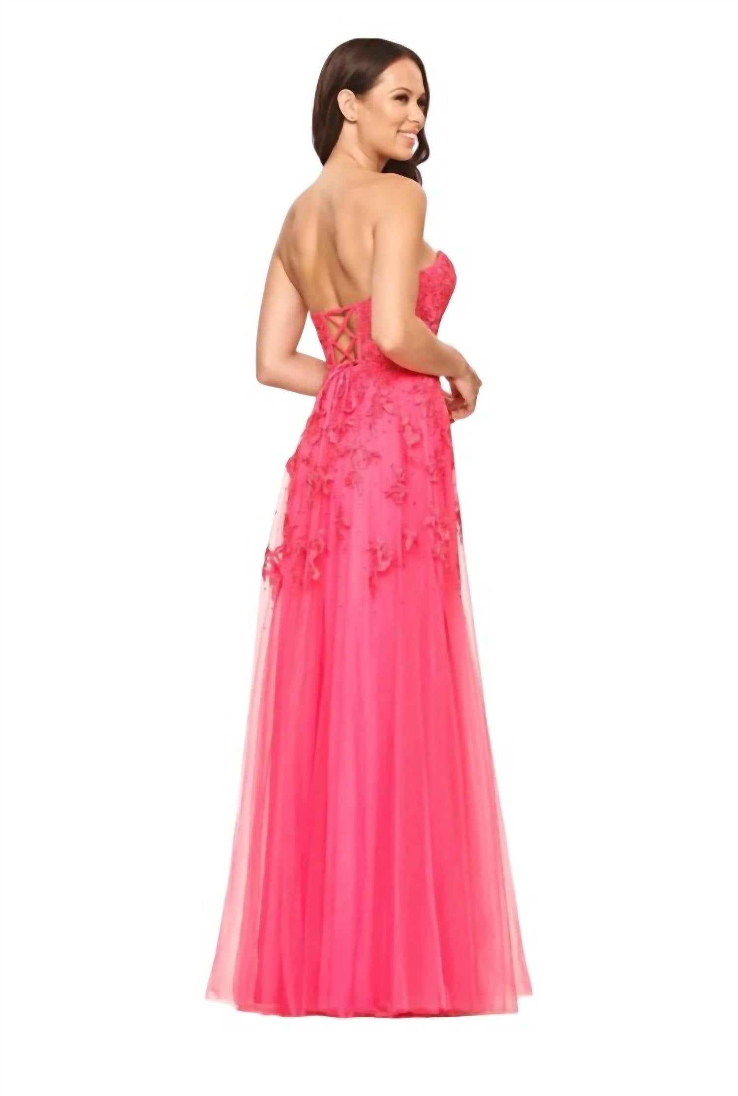 FAVIANA Tulle Applique Gown in hot pink - women's dress - alternate view