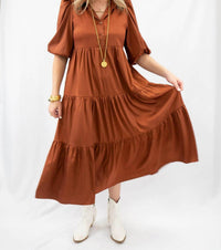 Pretty Follies Tiered Midi Dress in bronze - women's dress - detail view