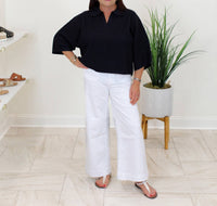 entro Solid V-neck Collared Top in black - women's blouse - detail view