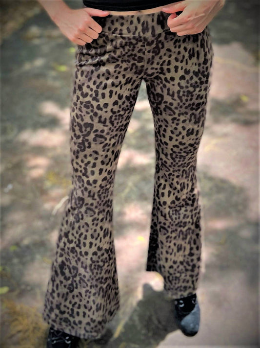 Faux Suede Leopard Bell Bottom Pants