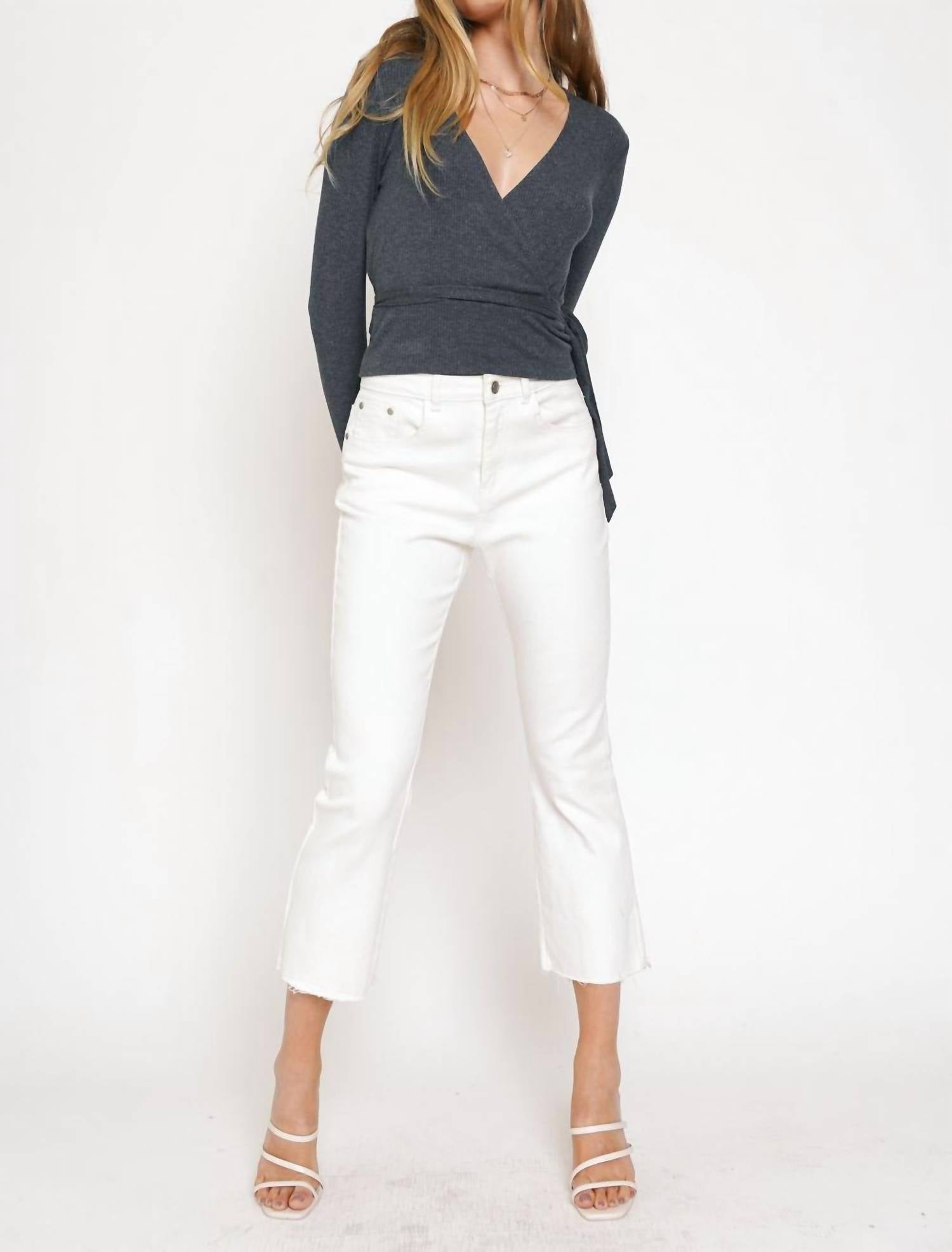 Mystree - Wrap Tie Front Long Sleeve Rib Top