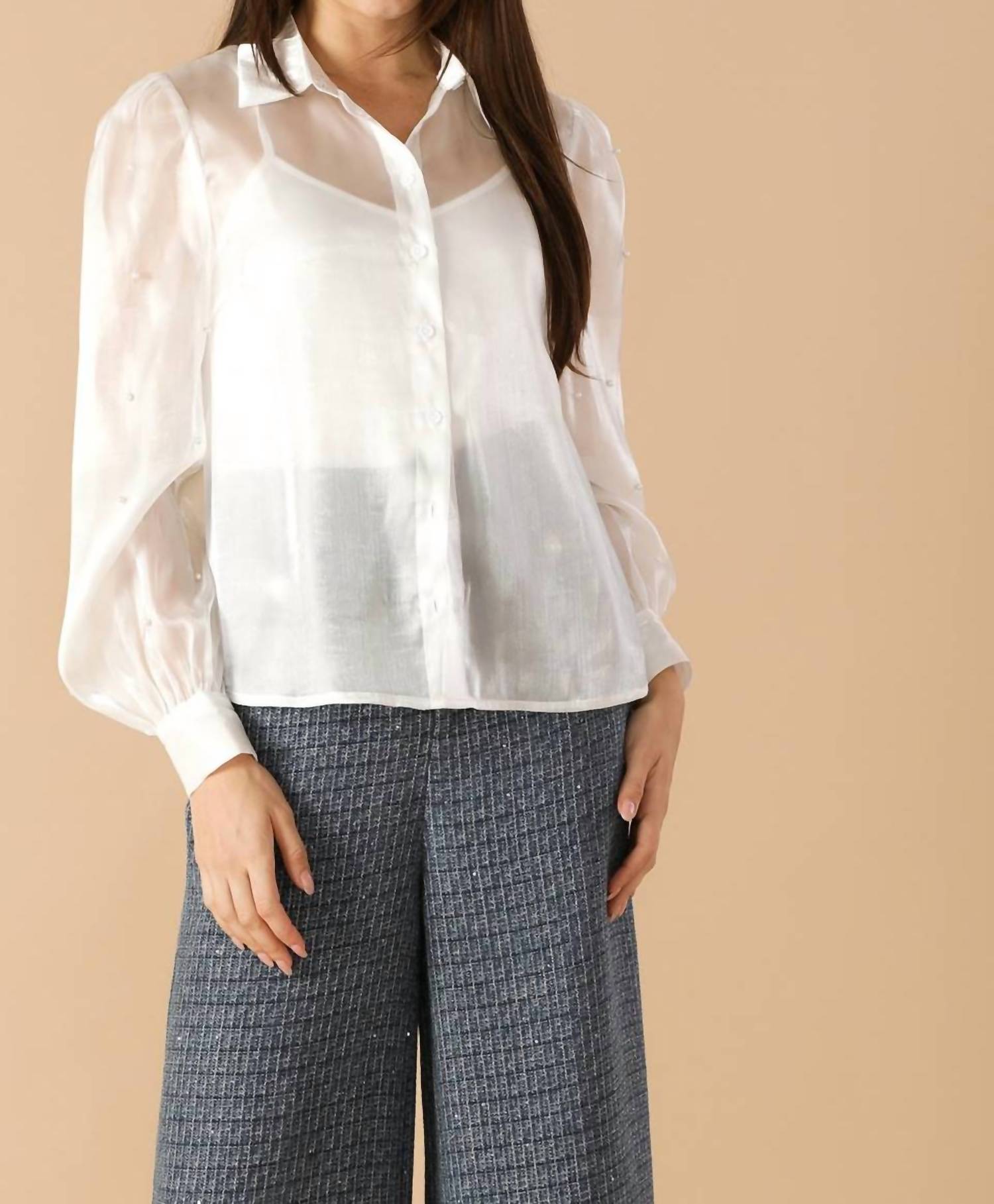 FLYING TOMATO The Lumière Organza Top in white - women's long sleeve top - alternate view