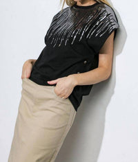 Flying Tomato - Cotton Knit Silver Sequin Detail Top