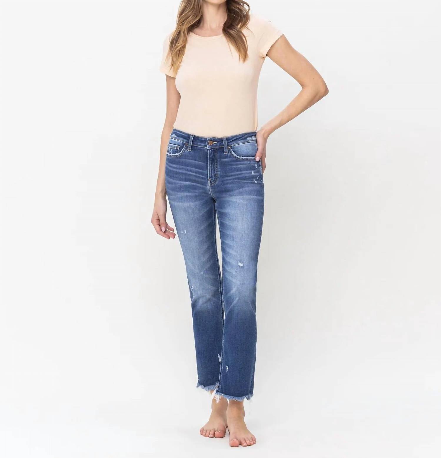 Flying Monkey - High Rise Raw Hem Slim Straight Jeans