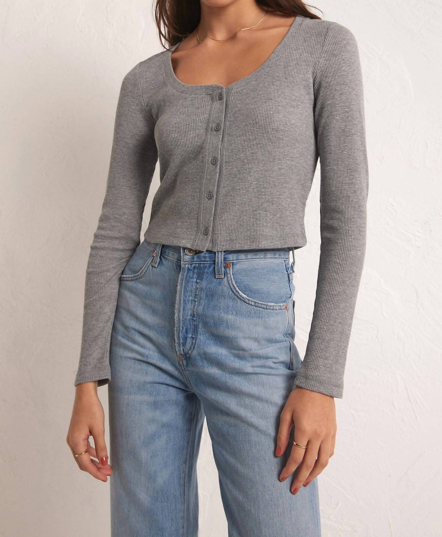 Z Supply Ciana Cropped Waffle Top in heather grey - women's long sleeve top