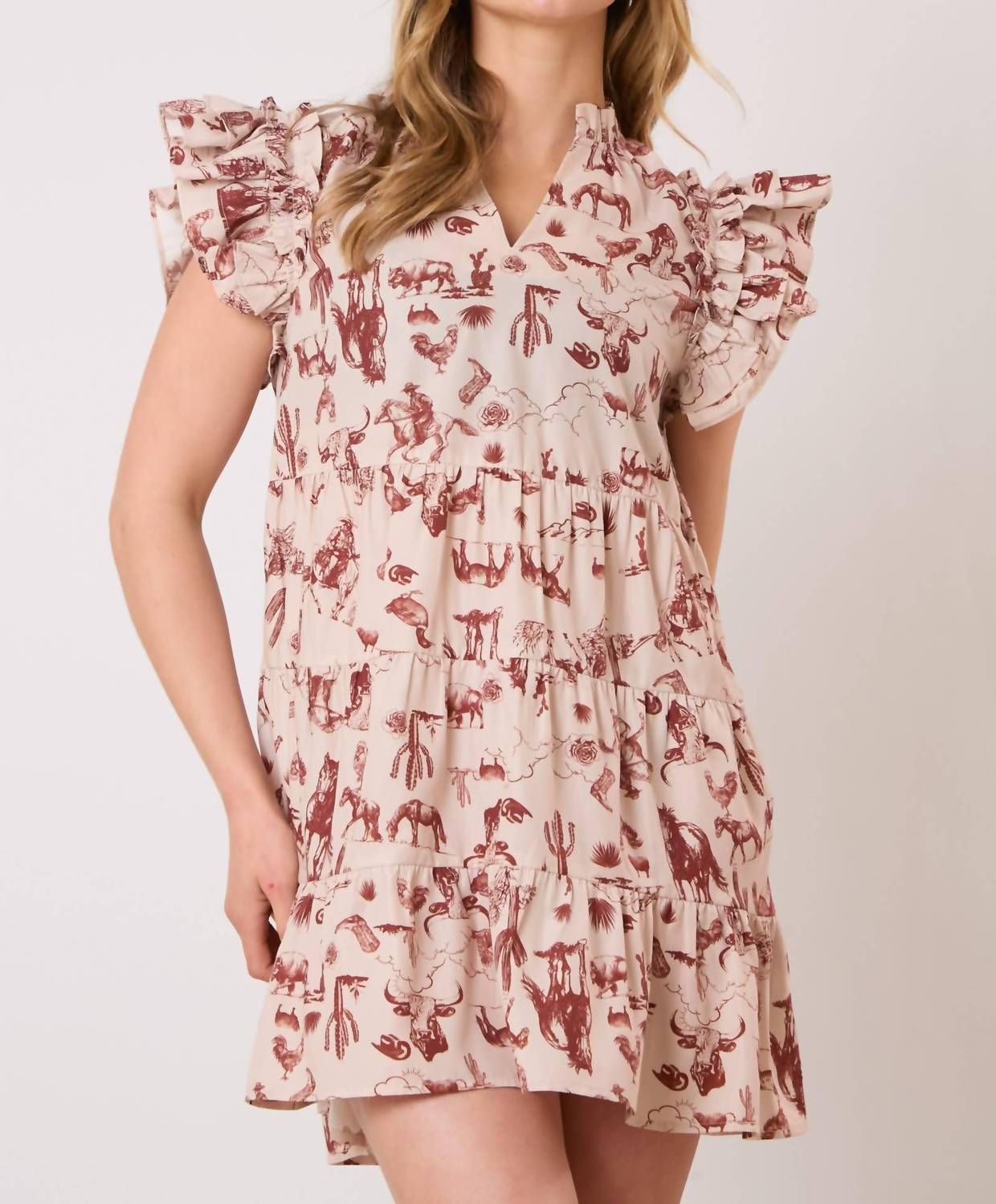 FANTASTIC FAWN Western Print Sleeveless Mini Dress in light brown - women's dress - detail view