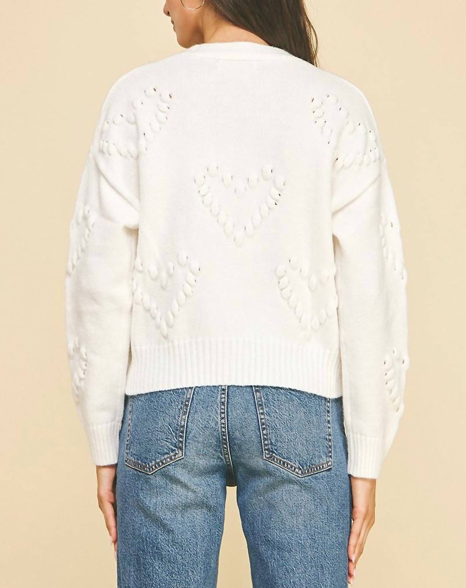 PINCH Heart Embroidered Knit Cardigan Top in white - women's cardigan - alternate view