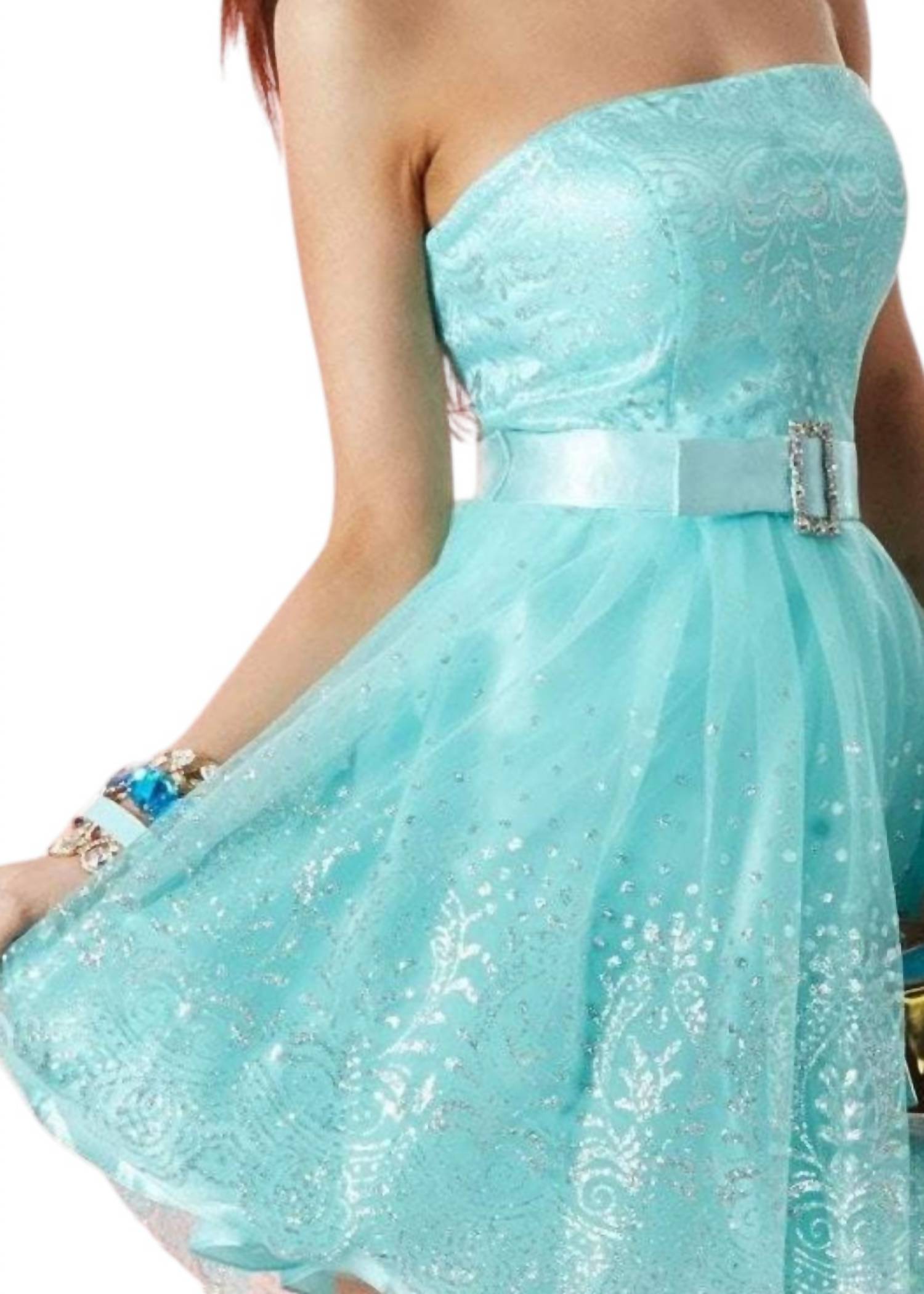 ALYCE PARIS Floral Lace Strapless A-line Short Prom Dress in aqua silver - women's dress - detail view