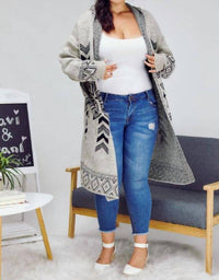 Davi & Dani - Snow Printed Long Sleeve Pockets Cardigan - Plus